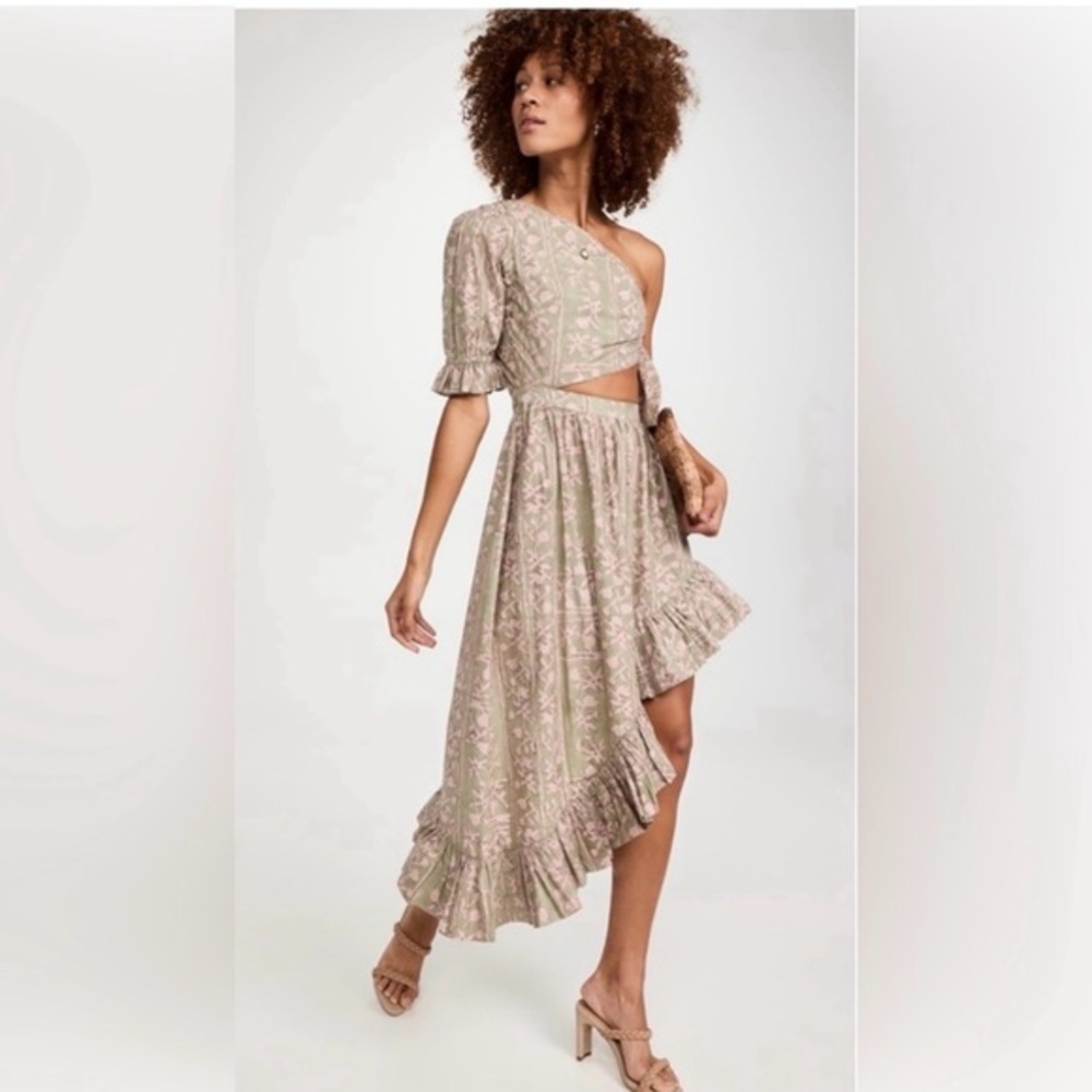 NWT Cleobella | Asymmetrical one shoulder midi dress ruffles green pink (S)